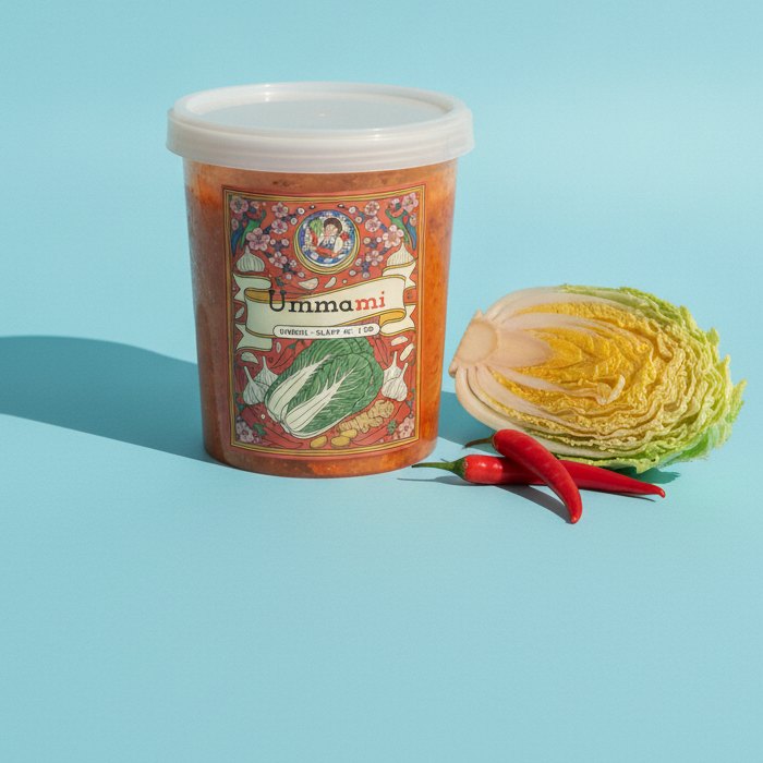 En burk Ummami-kimchi, 1 kg, med släpp 01-etiketten bredvid en halv kinakål (AI-genererad bild)